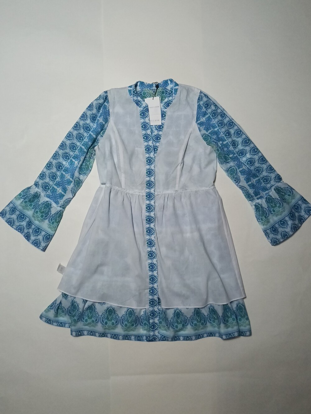 Hale Bob Leela Voile Mini Dress Blue Teal Paisley Tiered Flounce Sleeve Size S - Picture 14 of 14